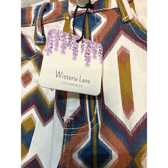 Wisteria Lane Geometric Flare Pants S White/Multicolor 98% Cotton & 2% Spandex - Picture 3 of 8